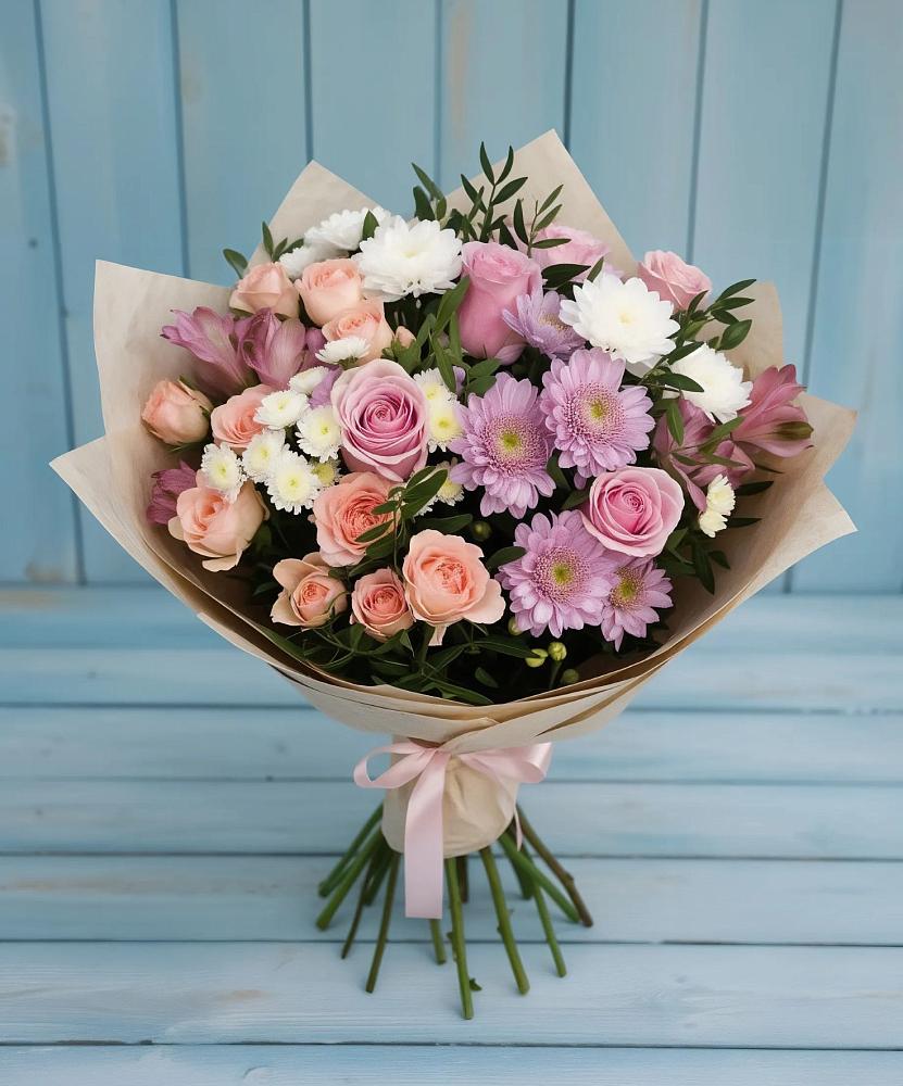 Букет цветов из: Хризантемы, Розы и Альстромерии в Привольном