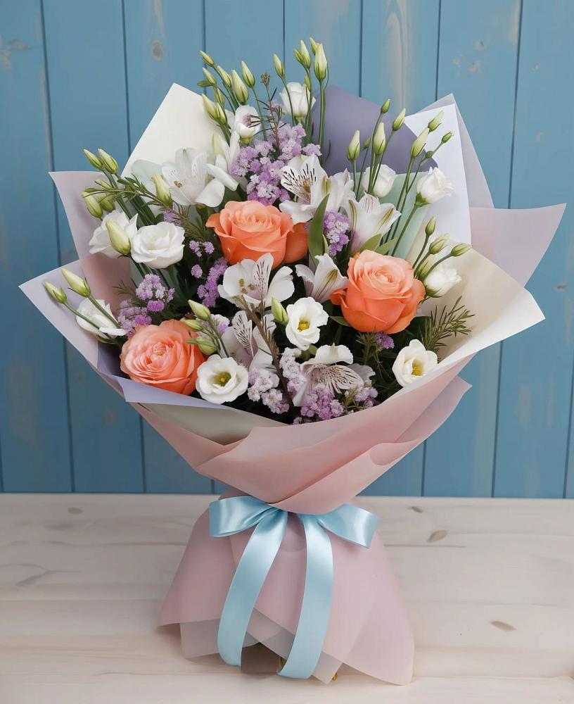 Букет цветов из: Лизиантусы, Розы, Альстромерии и Гипсофила в Привольном