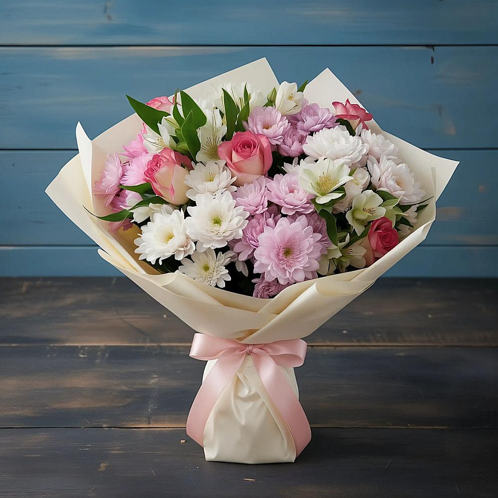 Букет цветов из: Хризантемы, Альстромерии и Розы в Привольном